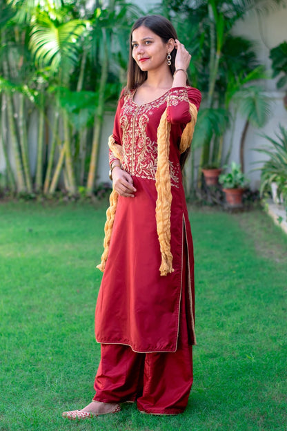 Maroon Silk Zardozi Kurta,Maroon Silk Palazzo With Golden Dupata