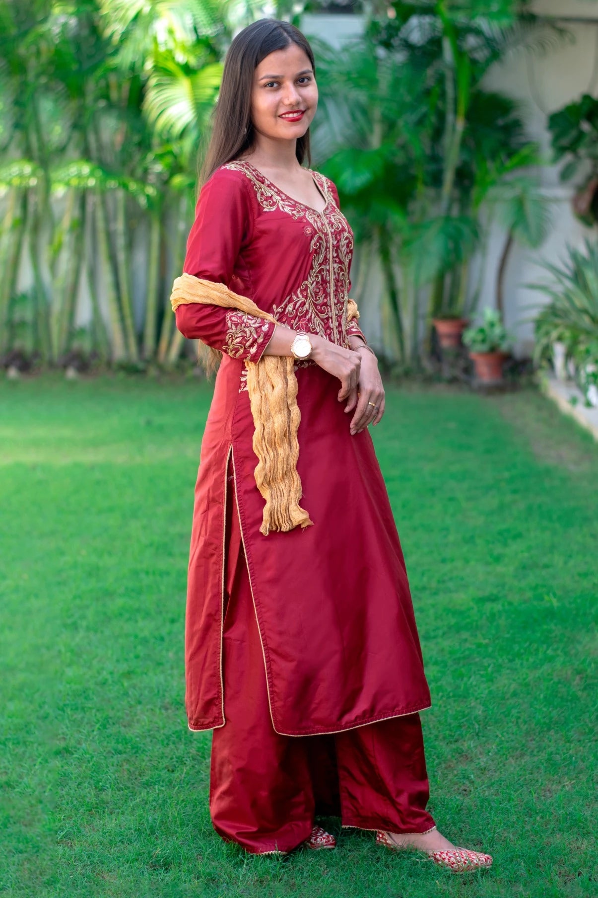 Maroon Silk Zardozi Kurta,Maroon Silk Palazzo With Golden Dupata