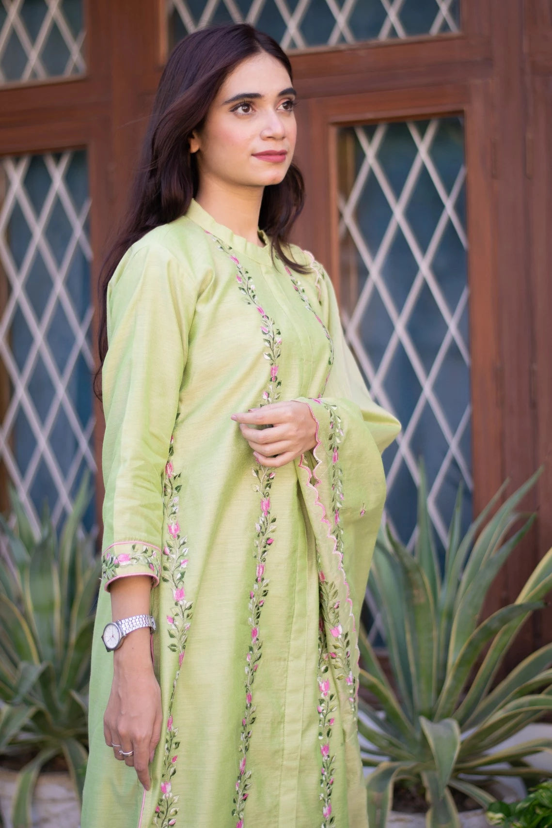 Parrot Green Casual Wear Embroidered Cotton Kurti