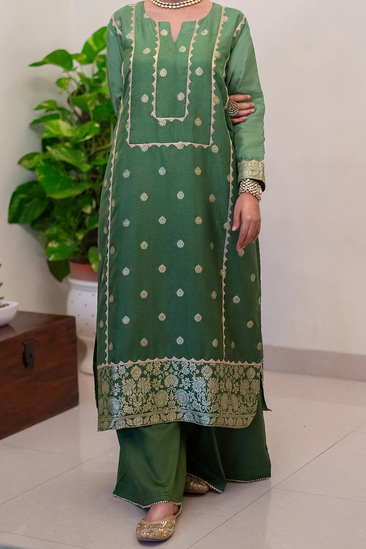 Green Banarasi Silk Kurta With Kikri, Green Banarasi Silk Dupatta With Green Palazzo