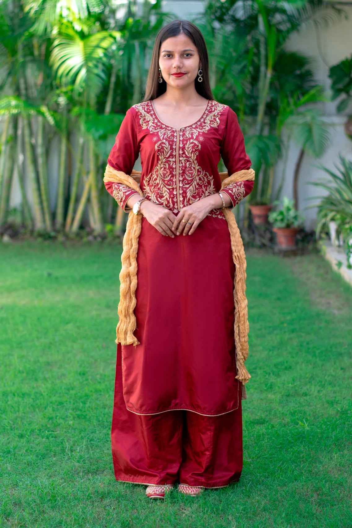 Maroon Silk Zardozi Kurta,Maroon Silk Palazzo With Golden Dupata