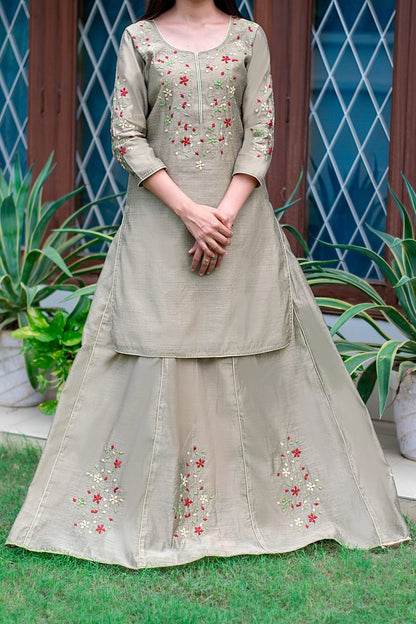 Taupe Applique Work Chanderi Lehenga Set