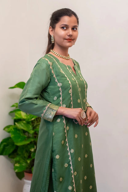 Green Banarasi Silk Kurta With Kikri, Green Banarasi Silk Dupatta With Green Palazzo