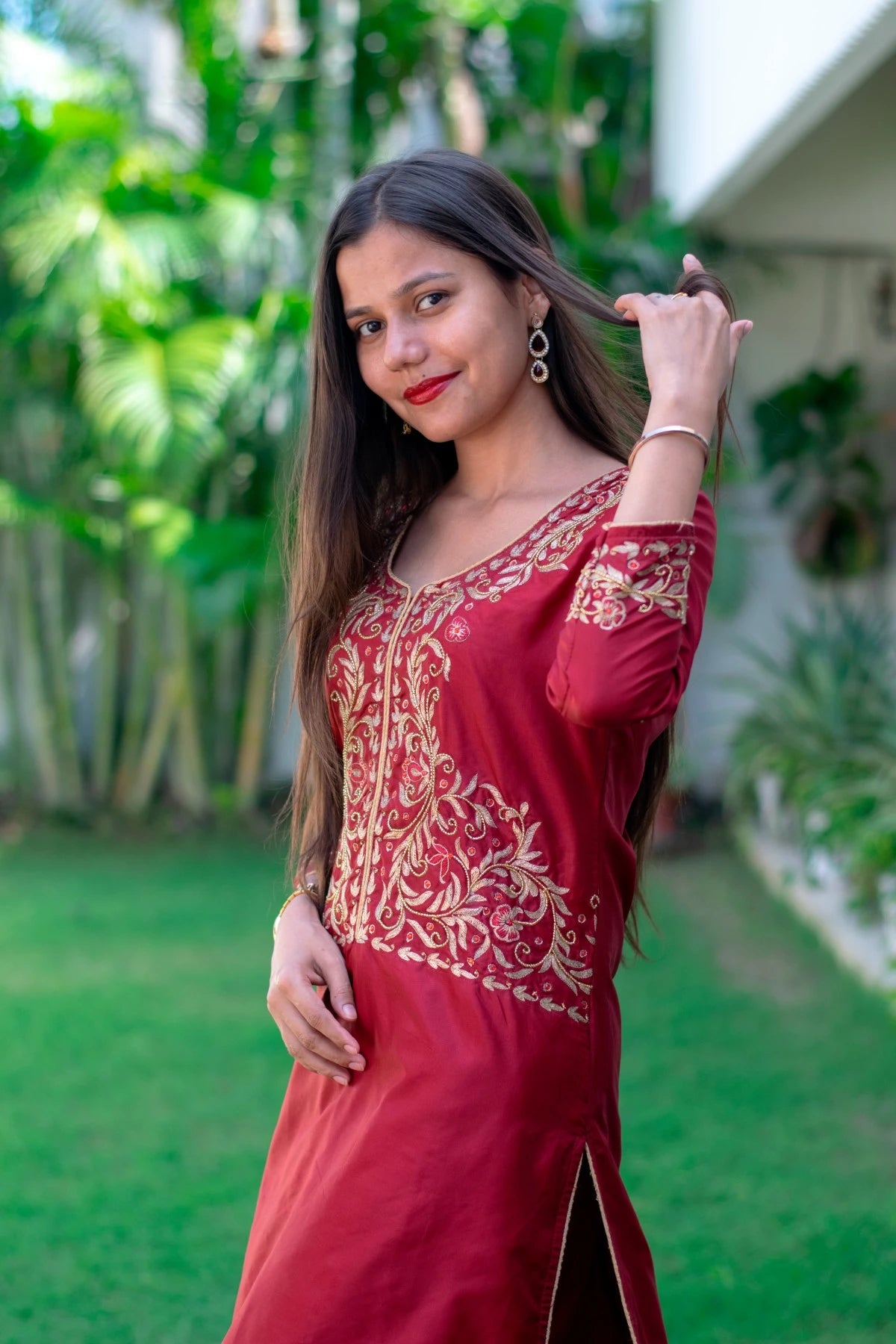 Maroon Silk Zardozi Kurta,Maroon Silk Palazzo With Golden Dupata