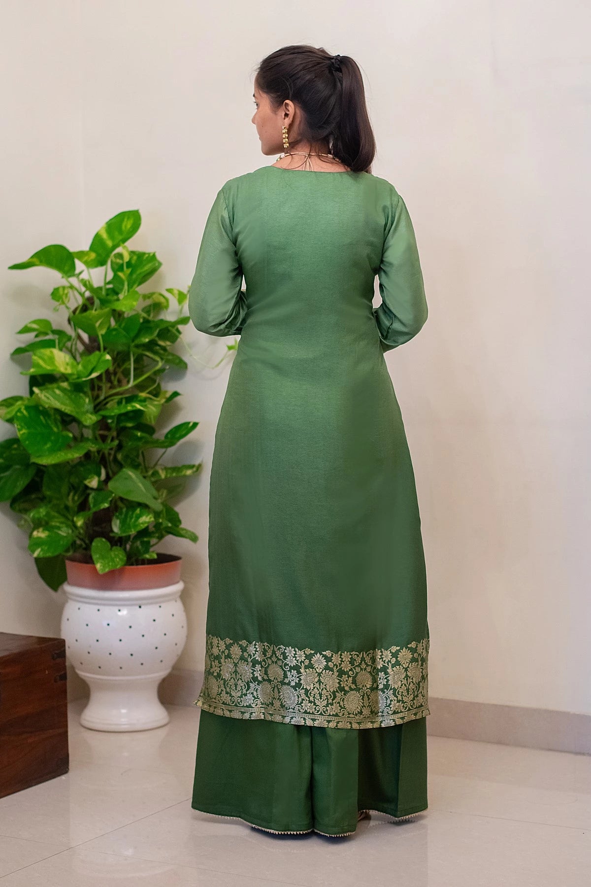 Green Banarasi Silk Kurta With Kikri, Green Banarasi Silk Dupatta With Green Palazzo