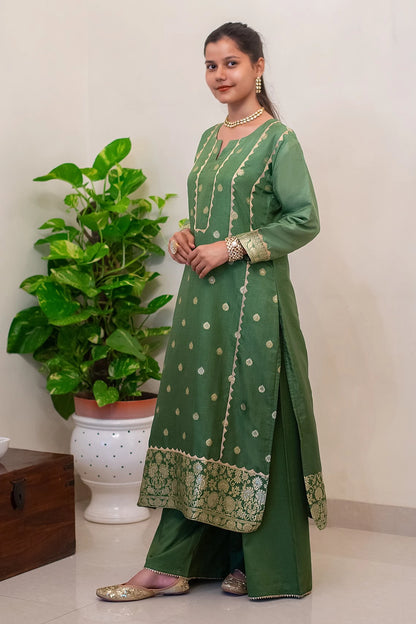 Green Banarasi Silk Kurta With Kikri, Green Banarasi Silk Dupatta With Green Palazzo