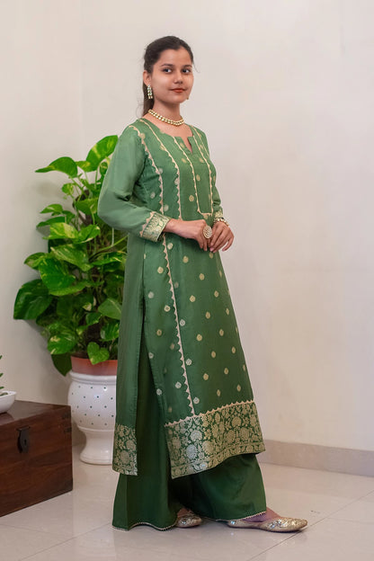 Green Banarasi Silk Kurta With Kikri, Green Banarasi Silk Dupatta With Green Palazzo