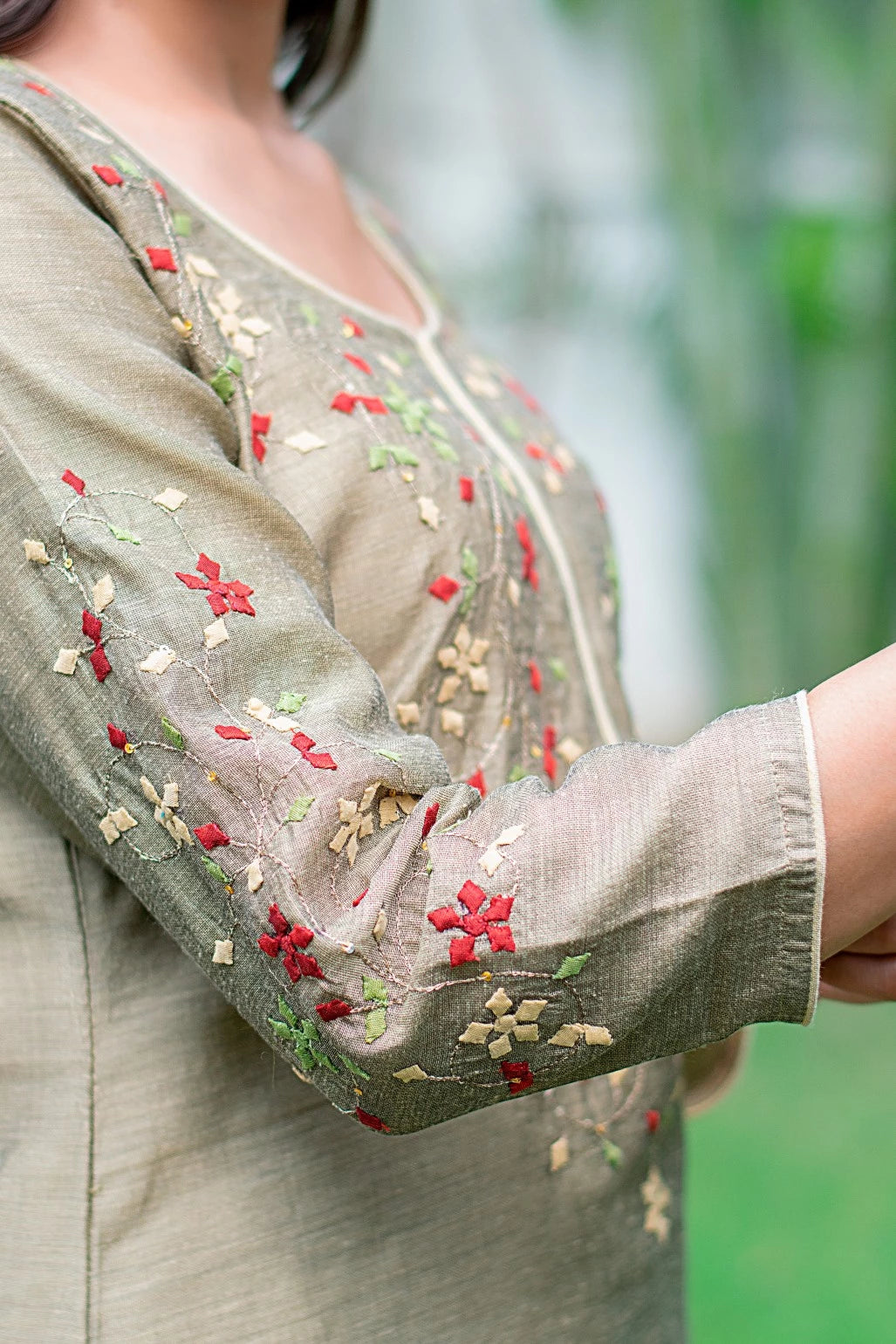 Taupe Applique Work Chanderi Lehenga Set