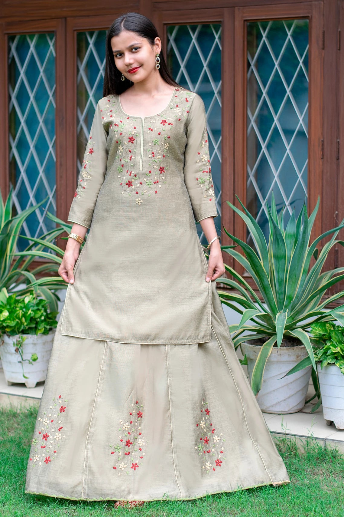 Taupe Applique Work Chanderi Lehenga Set