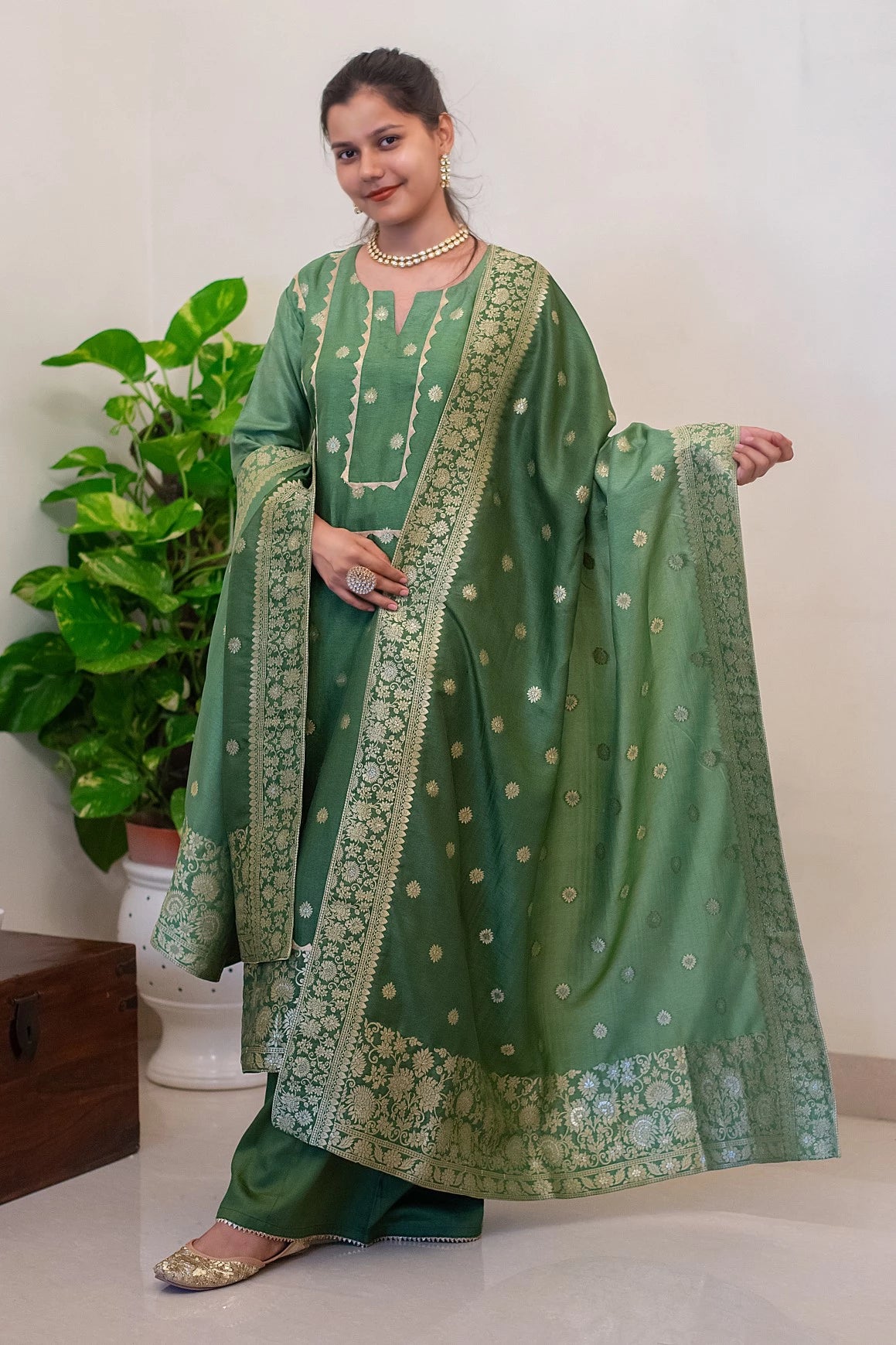 Green Banarasi Silk Kurta With Kikri, Green Banarasi Silk Dupatta With Green Palazzo