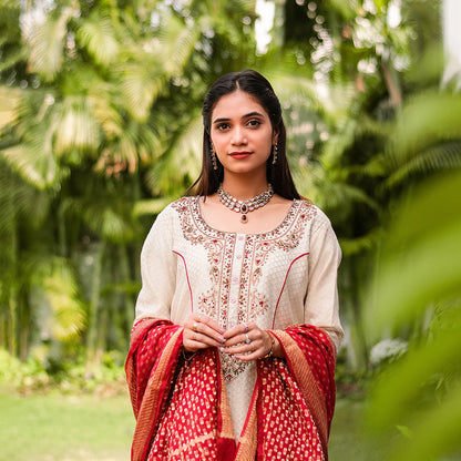 Off White Zardozi Kurti set with Red Banarasi Dupatta and Golden Churidar