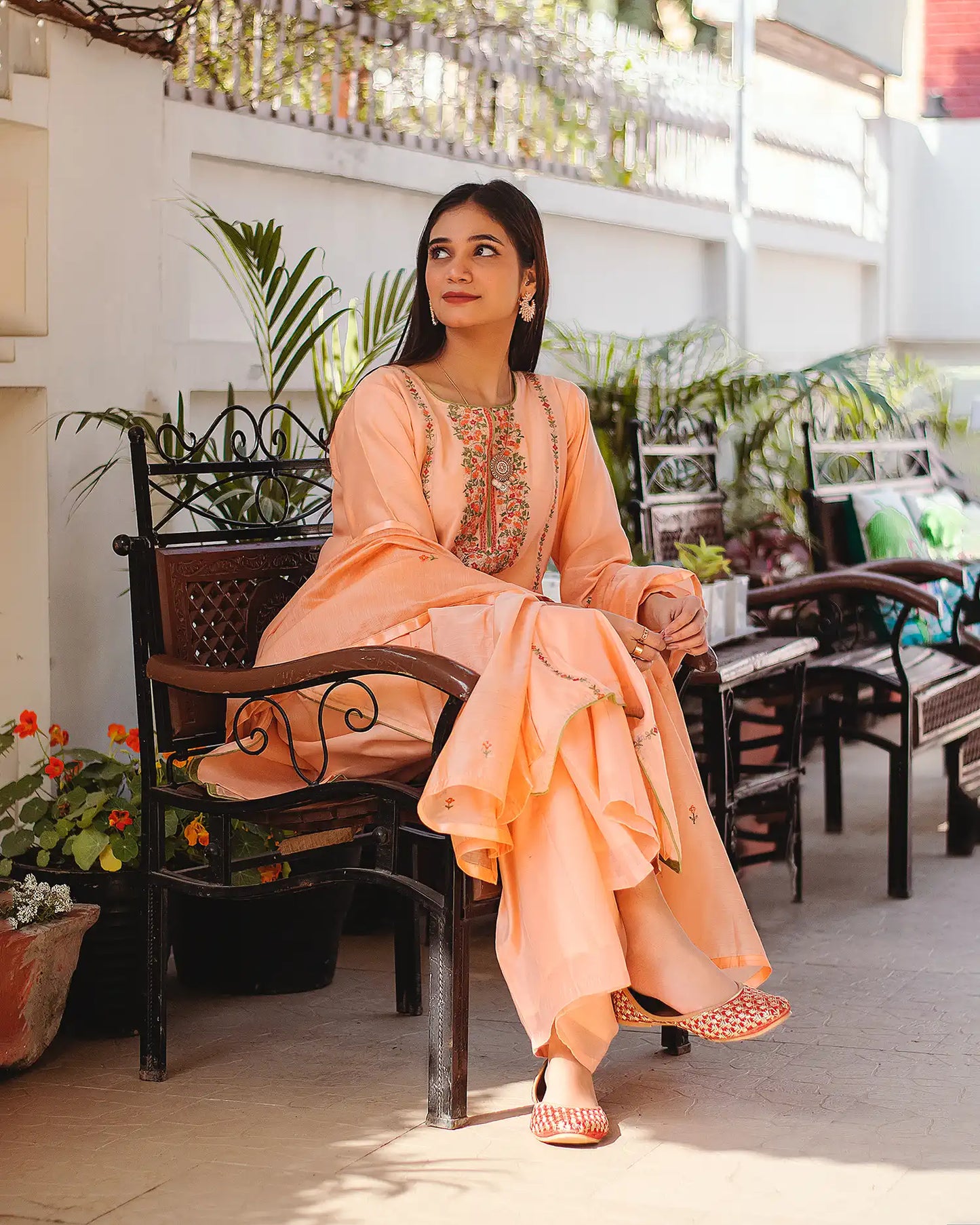 Peach Chanderi Resham Embroidered Kurta And Palazzo With Peach Chanderi Dupatta