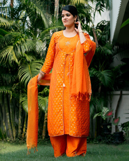 Orange colour silk angrakha kurti with zardozi, orange silk palazzo and orange dupatta