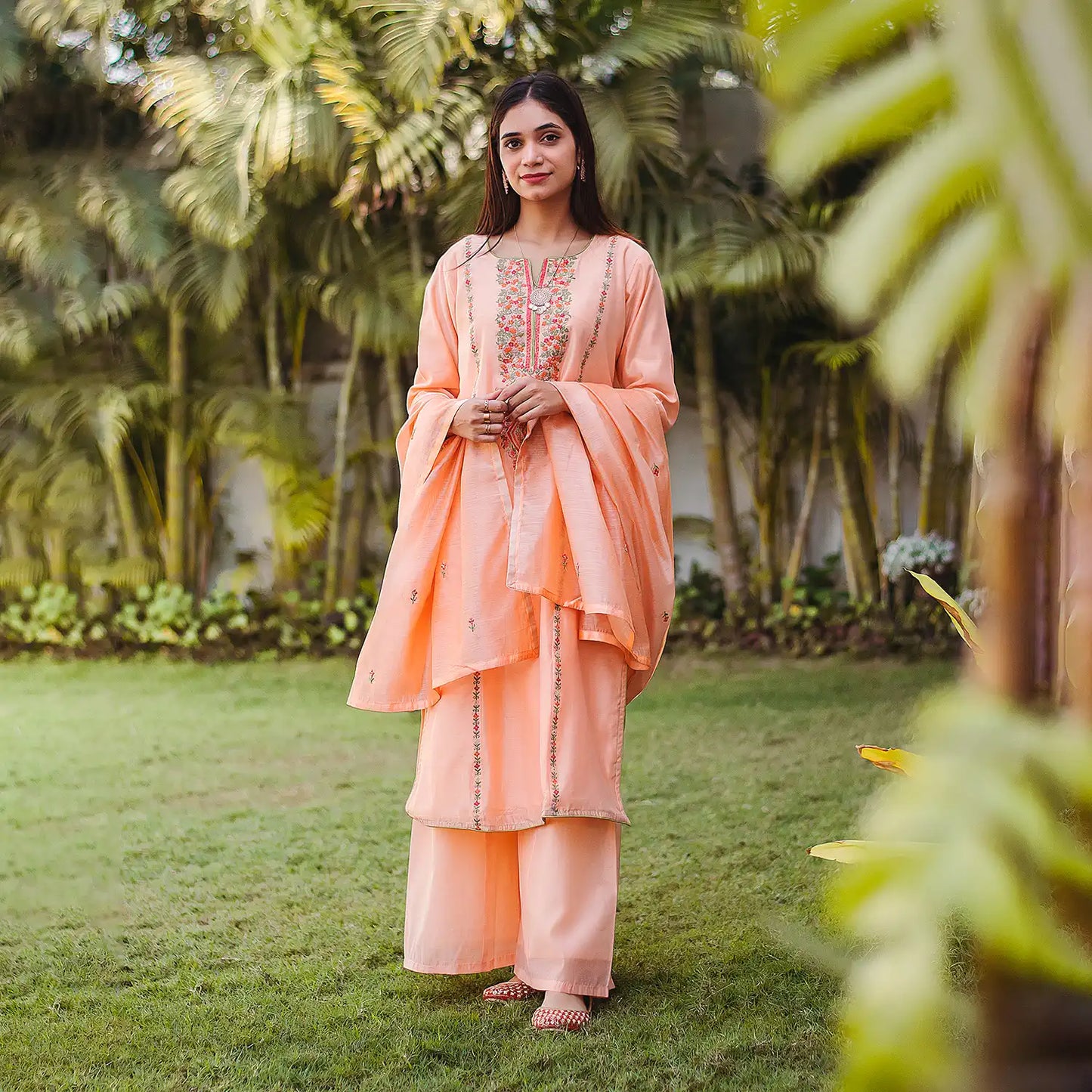 Peach Chanderi Resham Embroidered Kurta And Palazzo With Peach Chanderi Dupatta